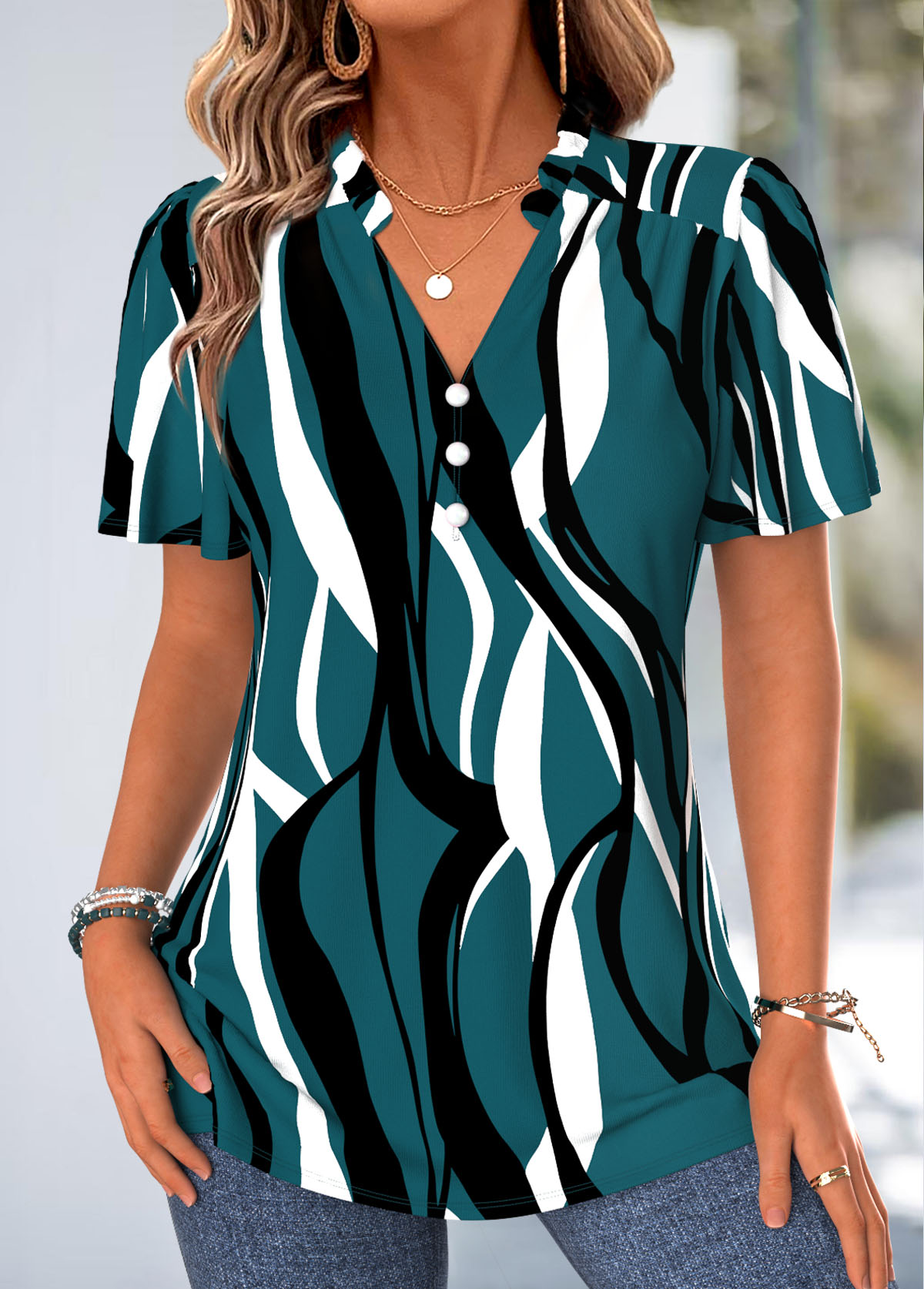 Blackish Green Geometric Print Frill Short Sleeve Blouse | picture 