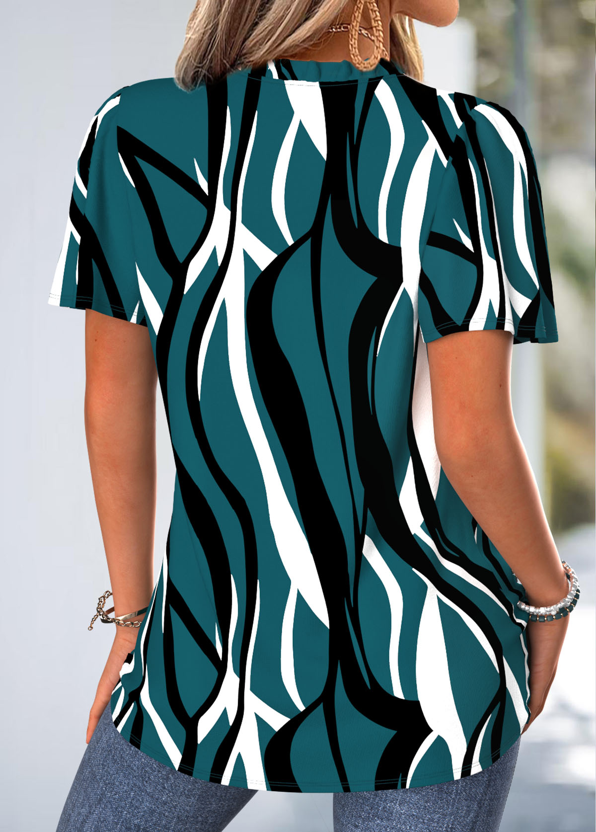 Blackish Green Geometric Print Frill Short Sleeve Blouse | picture 
