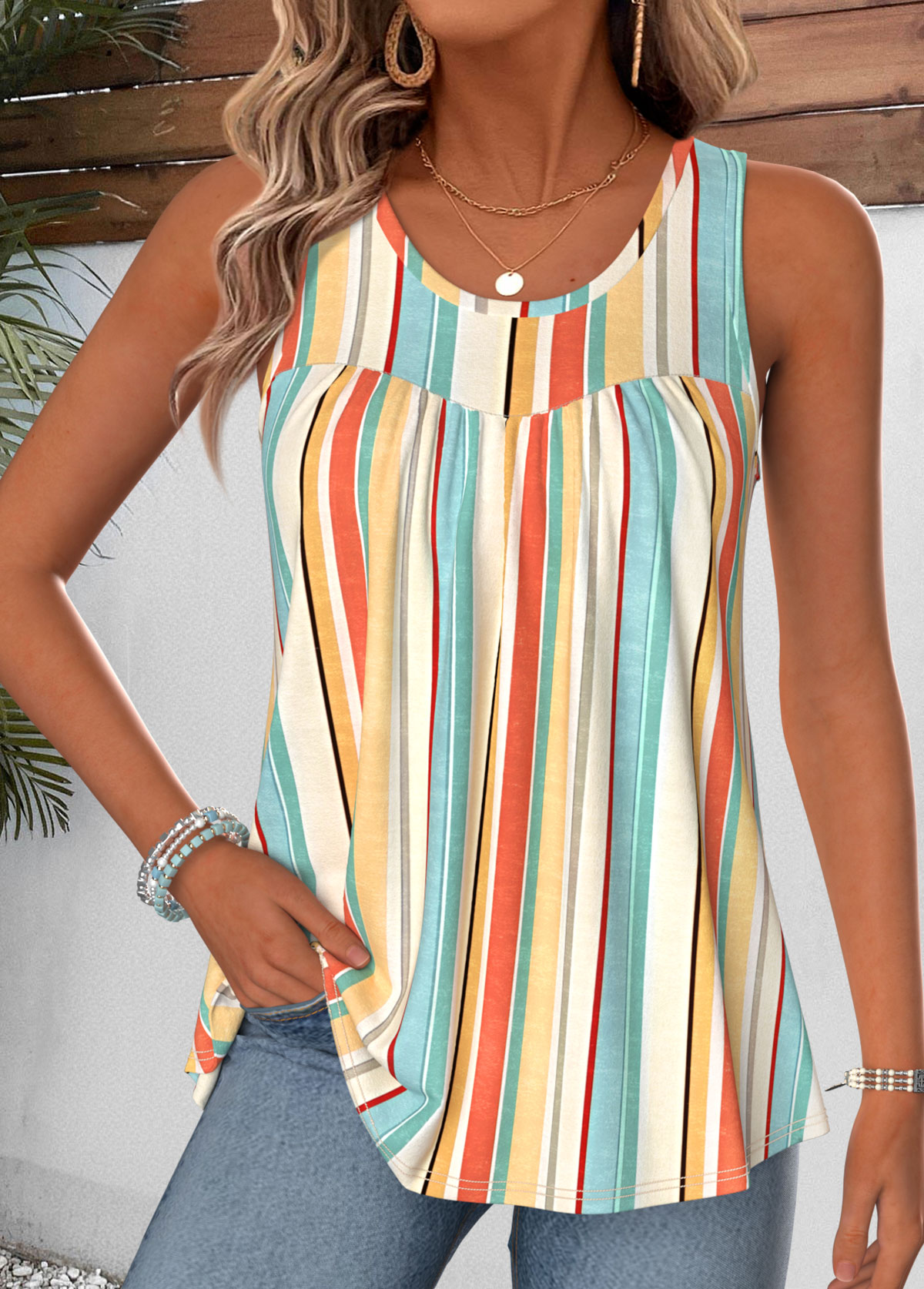 Multi Color Striped Curved Hem Sleeveless Tank Top | picture 