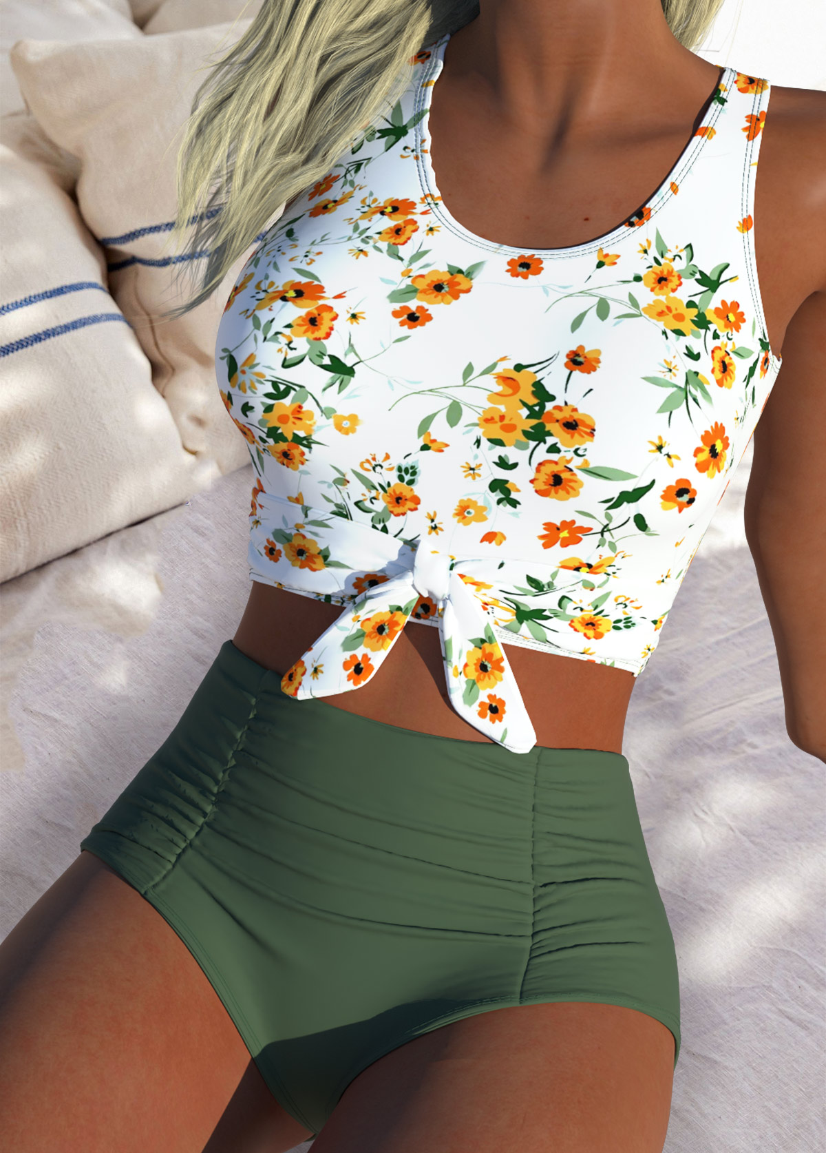 Sage Green High Waisted Ditsy Floral Print Bikini Set | picture 