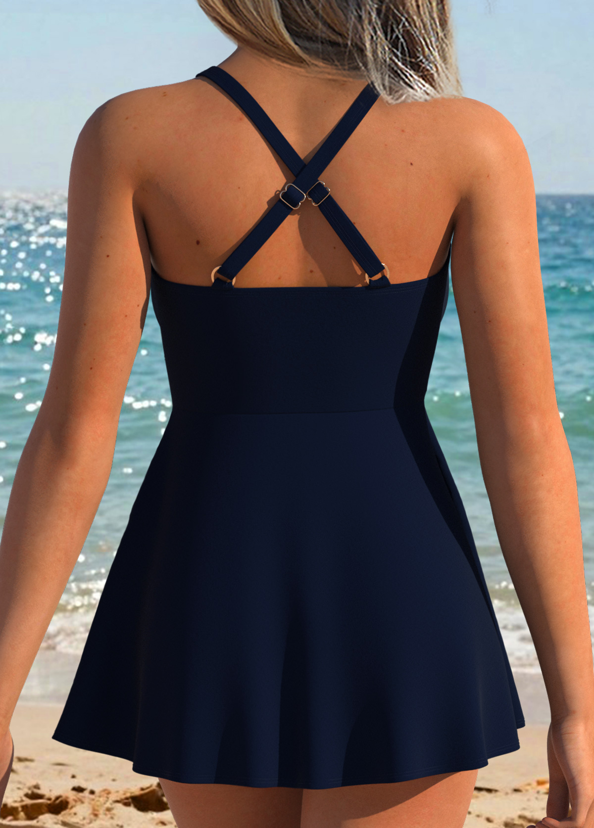 Navy Mid Waisted Patchwork Tankini Set | picture 