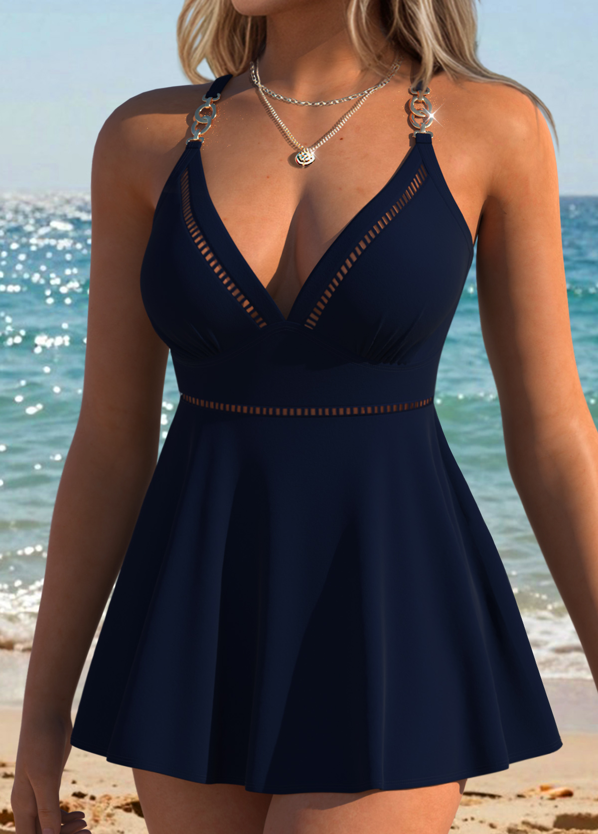 Navy Mid Waisted Patchwork Tankini Set | picture 