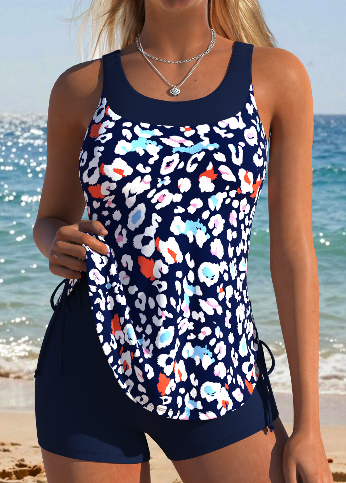 Navy Mid Waisted Patchwork Leopard Tankini Set | picture 