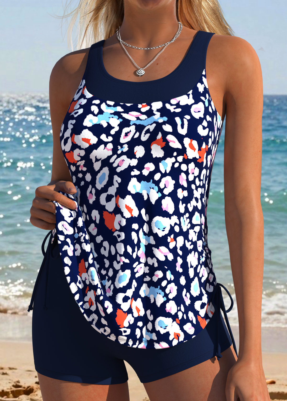 Navy Mid Waisted Patchwork Leopard Tankini Set | picture 