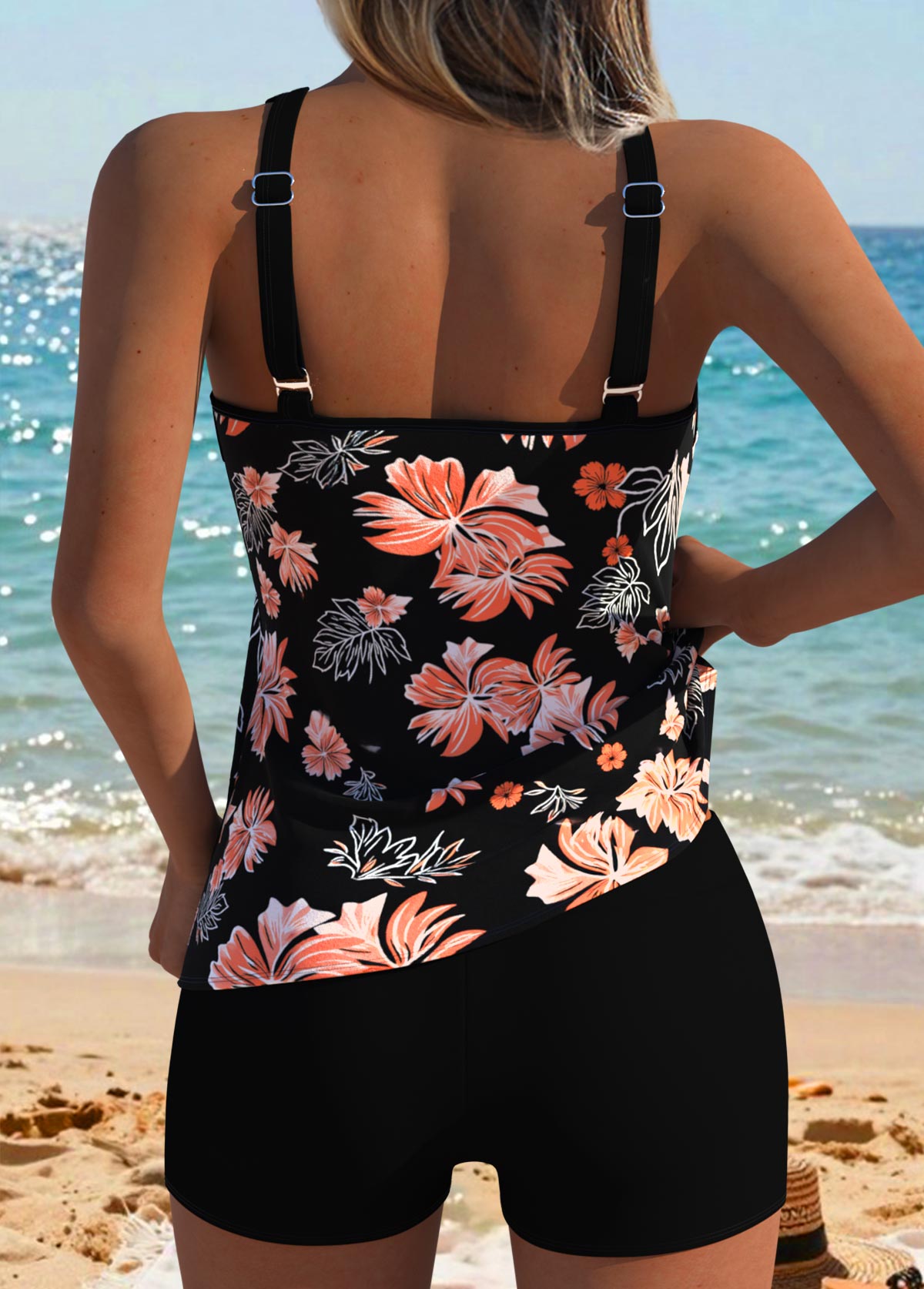 Black Mid Waisted Patchwork Floral Print Tankini Top-No Bottom | picture 