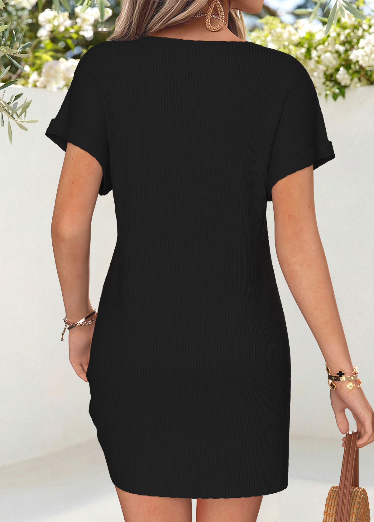 Black Short Patchwork V Neck Dress | picture 
