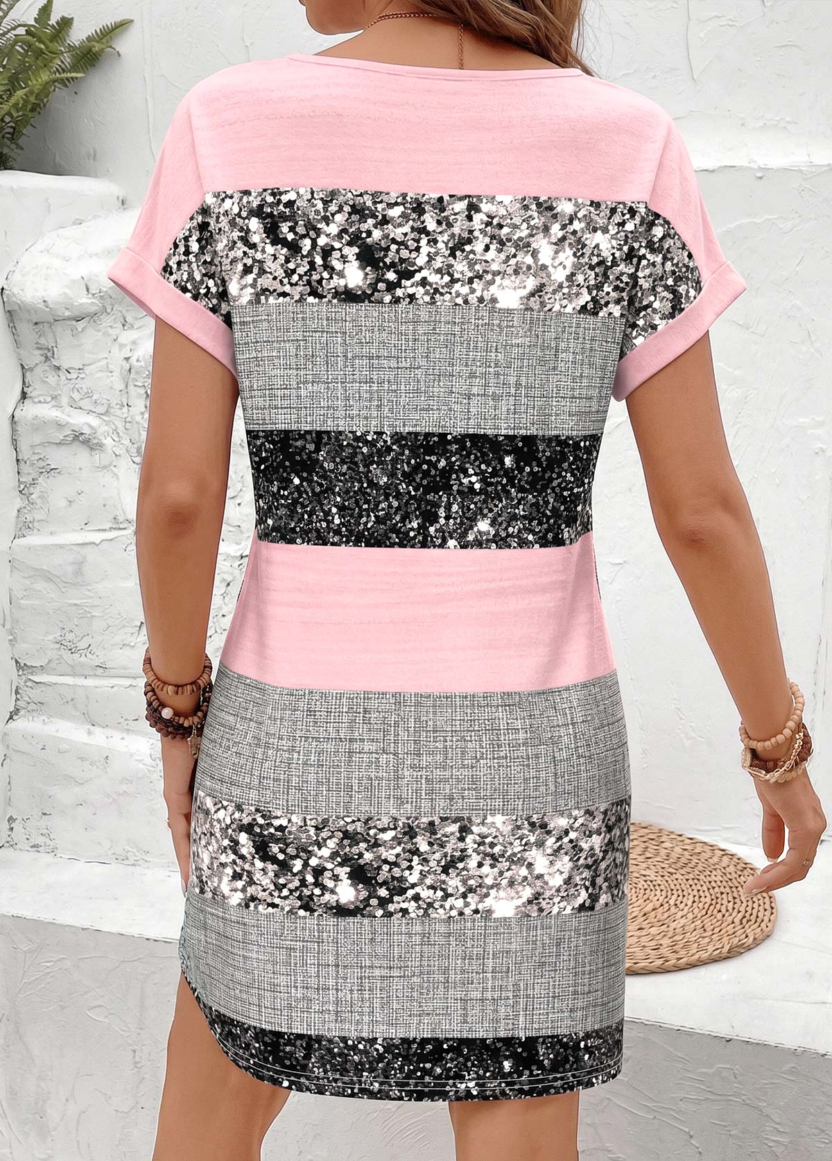 Multi Color Geometric Print Short Patchwork V Neck Dress | picture 