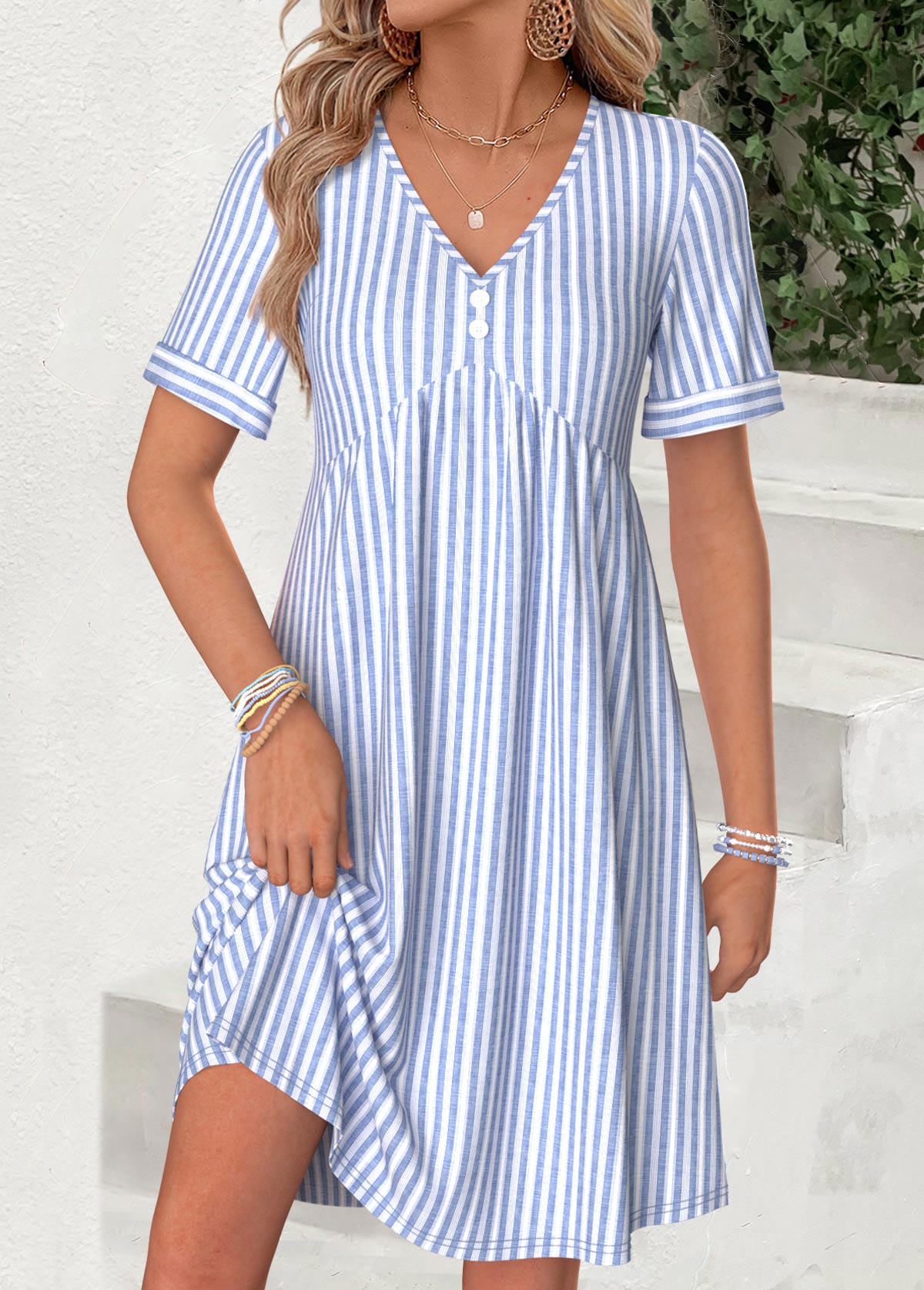 Light Blue Striped Short Shirred V Neck Dress | picture 