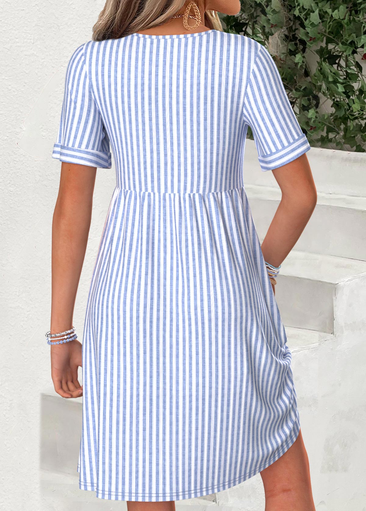 Light Blue Striped Short Shirred V Neck Dress | picture 