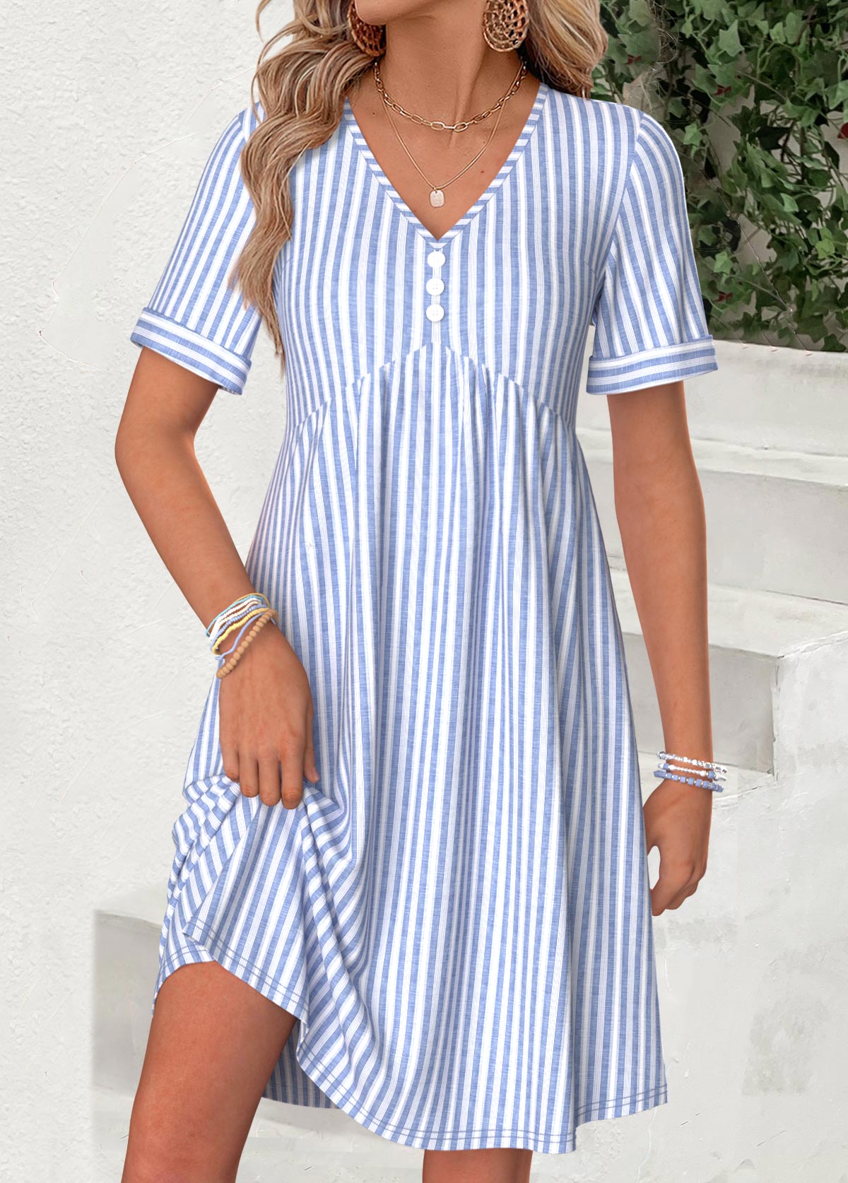 Light Blue Striped Short Shirred V Neck Dress | picture 