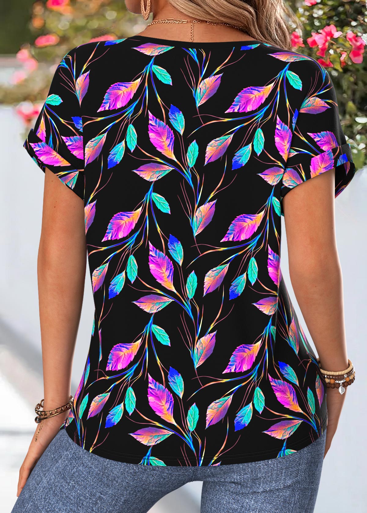 Black Floral Print Tummy Coverage Short Sleeve Blouse | picture 