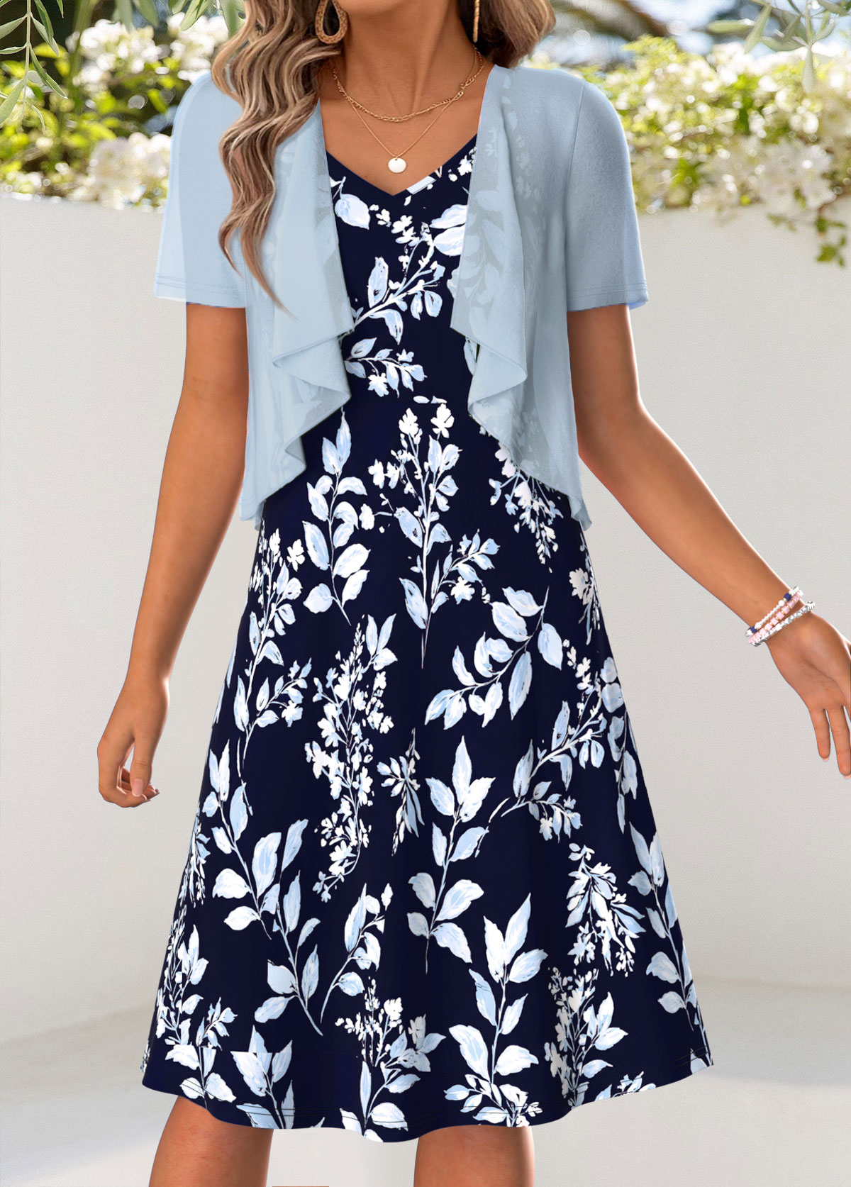 Light Blue Leaf Print Tummy Coverage Dress and Cardigan | picture 