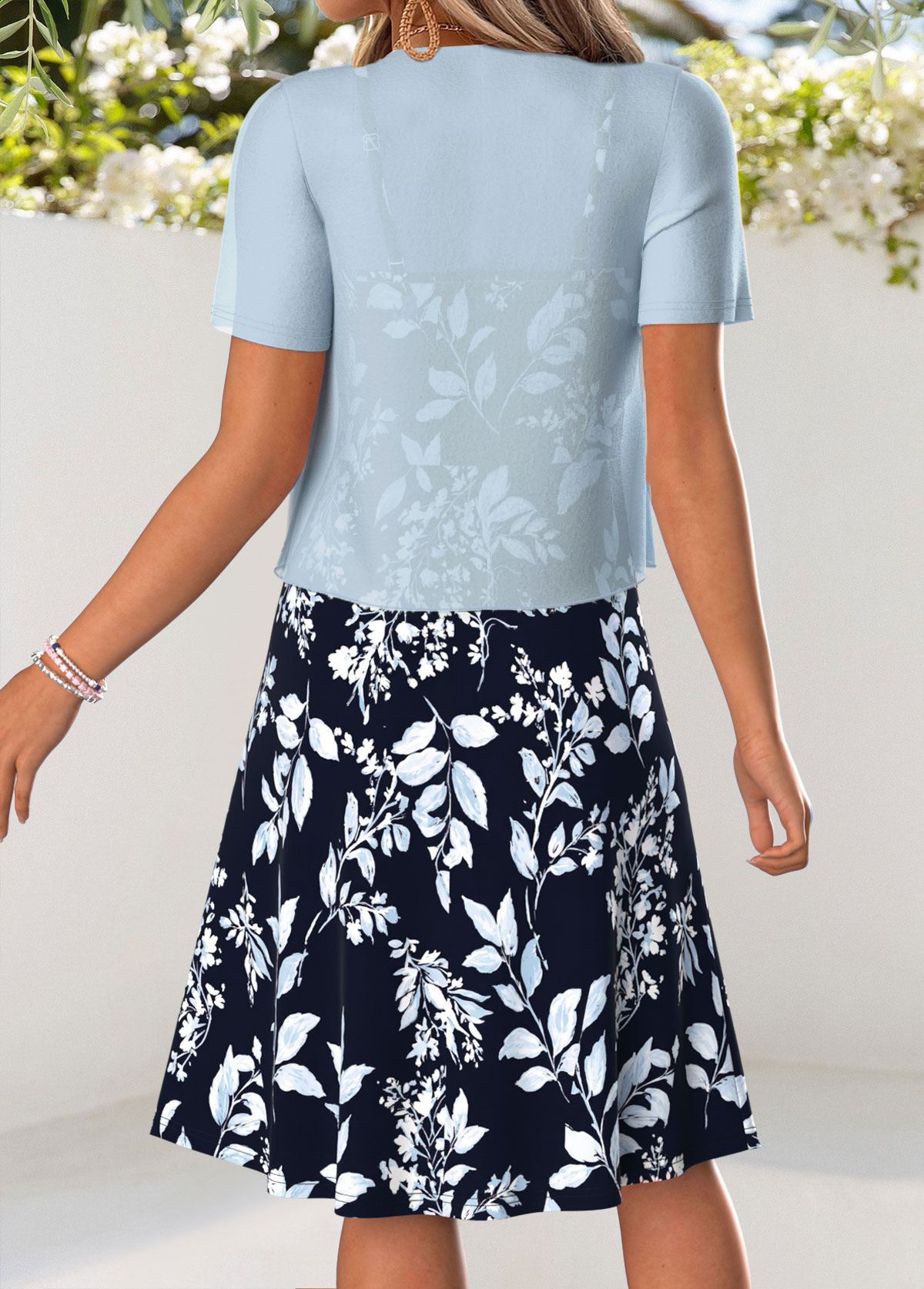 Light Blue Leaf Print Tummy Coverage Dress and Cardigan | picture 