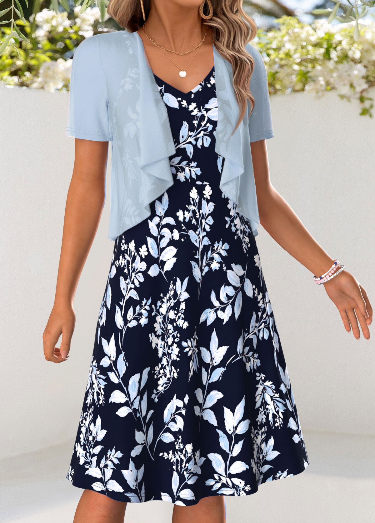Light Blue Leaf Print Tummy Coverage Dress and Cardigan | picture 