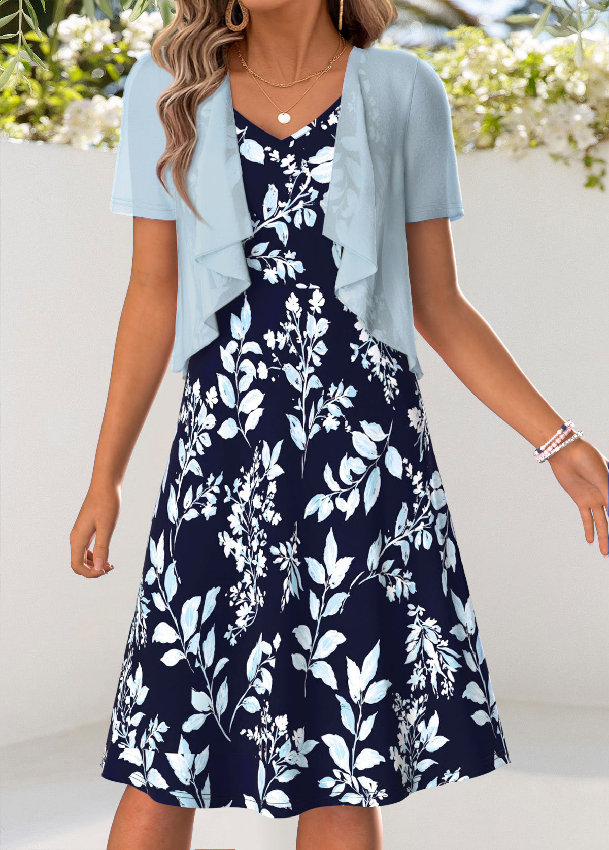 Light Blue Leaf Print Tummy Coverage Dress and Cardigan | picture 