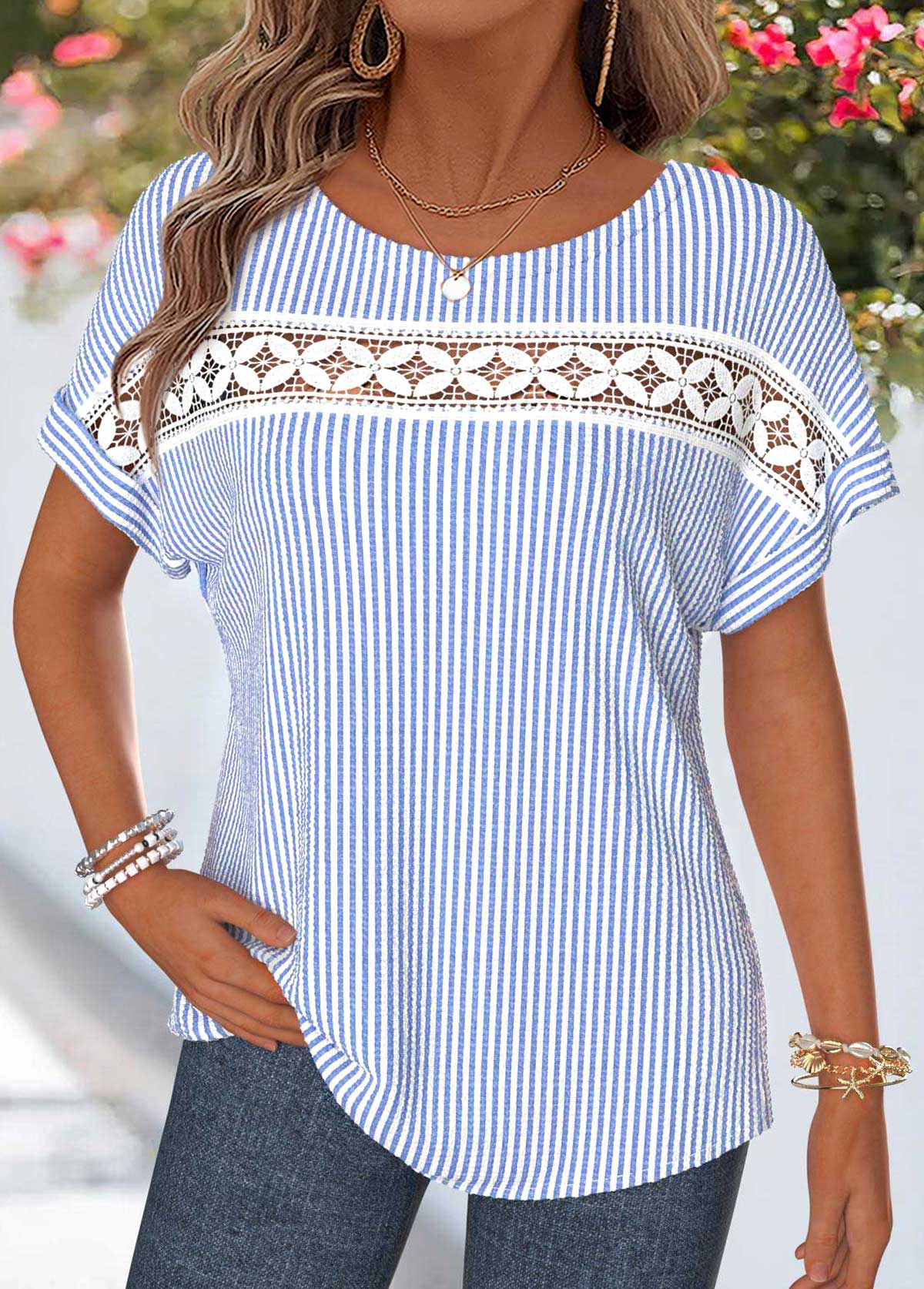 Blue Striped Patchwork Short Sleeve Round Neck T Shirt | picture 