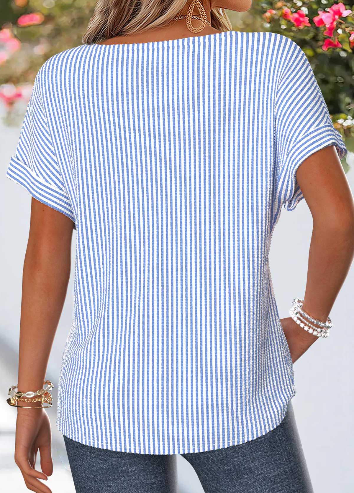 Blue Striped Patchwork Short Sleeve Round Neck T Shirt | picture 