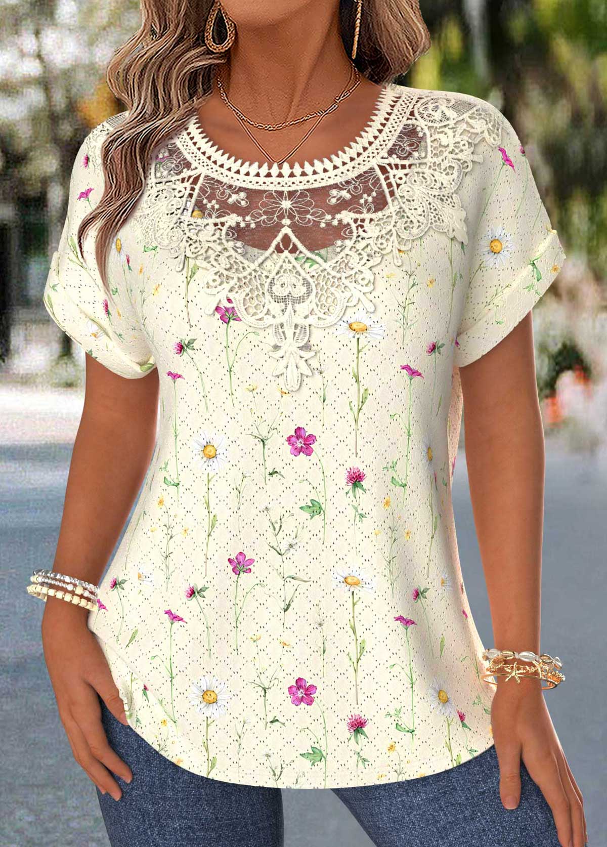 Light Yellow Floral Print Patchwork Short Sleeve Blouse | picture 