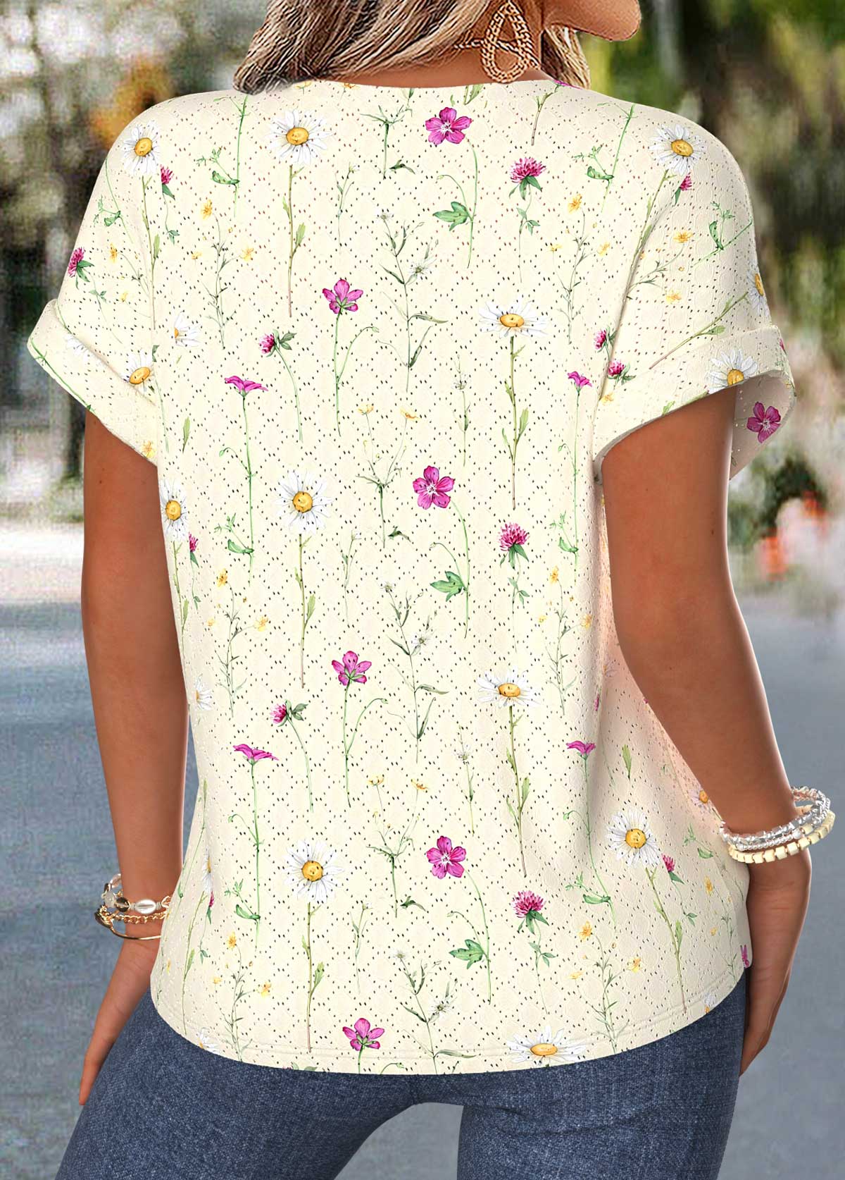 Light Yellow Floral Print Patchwork Short Sleeve Blouse | picture 