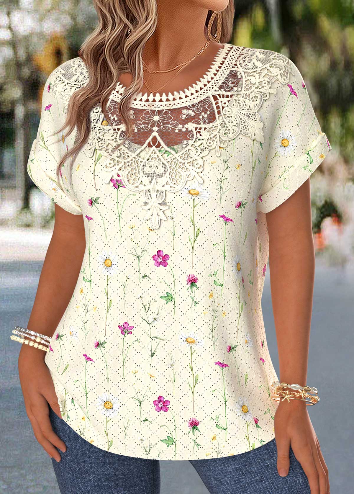 Light Yellow Floral Print Patchwork Short Sleeve Blouse | picture 