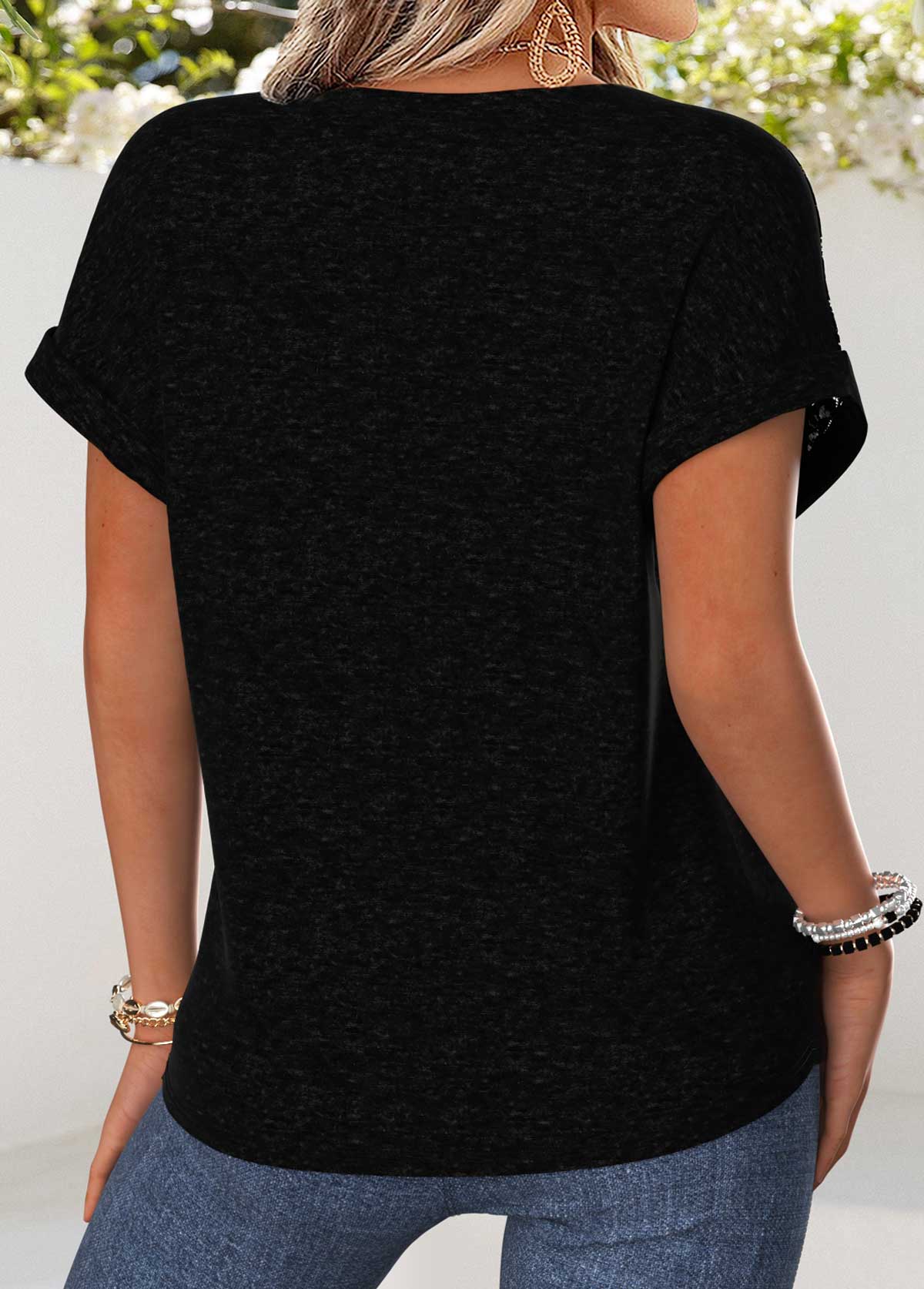 Black Patchwork Short Sleeve Split Neck Blouse | picture 