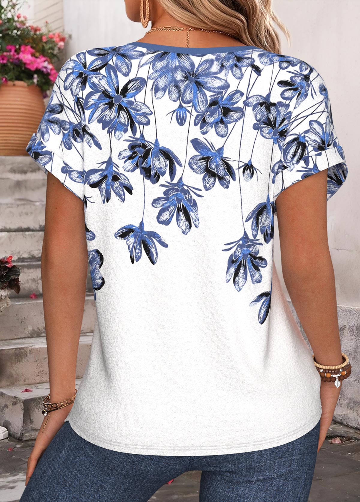 White Floral Print Tummy Coverage Short Sleeve Blouse | picture 