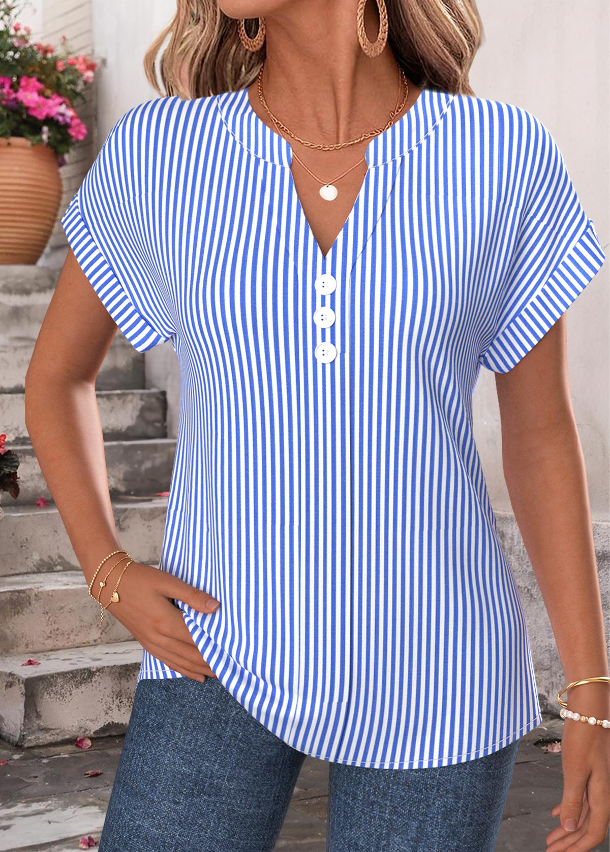 Blue Striped Curved Hem Short Sleeve Split Neck Blouse | picture 