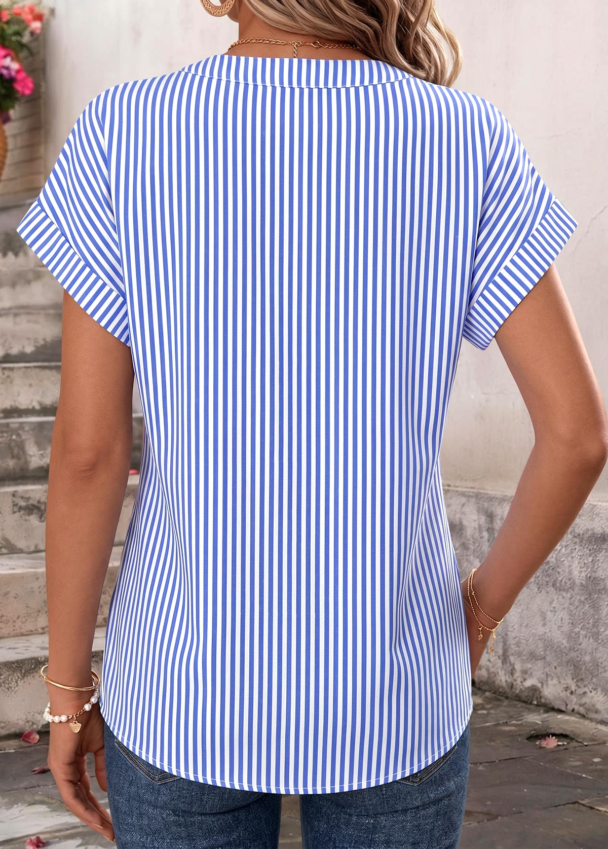 Blue Striped Curved Hem Short Sleeve Split Neck Blouse | picture 