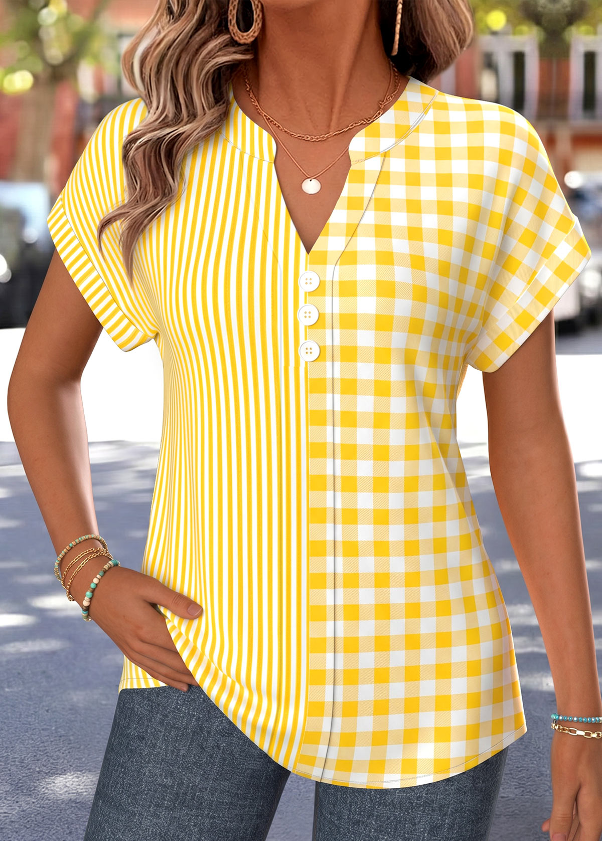 Yellow Striped Curved Hem Short Sleeve Split Neck Blouse | picture 