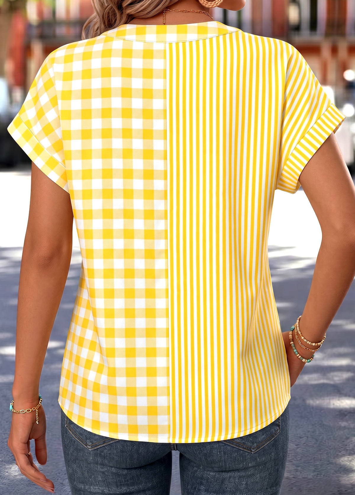 Yellow Striped Curved Hem Short Sleeve Split Neck Blouse | picture 