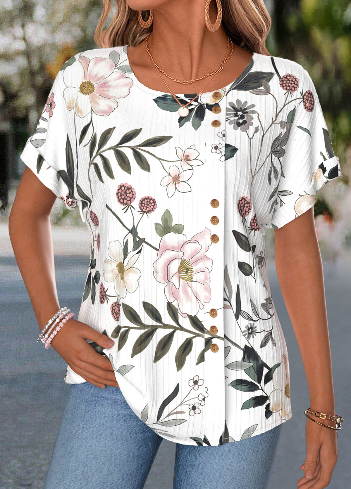 White Floral Print Button Short Sleeve T Shirt | picture 