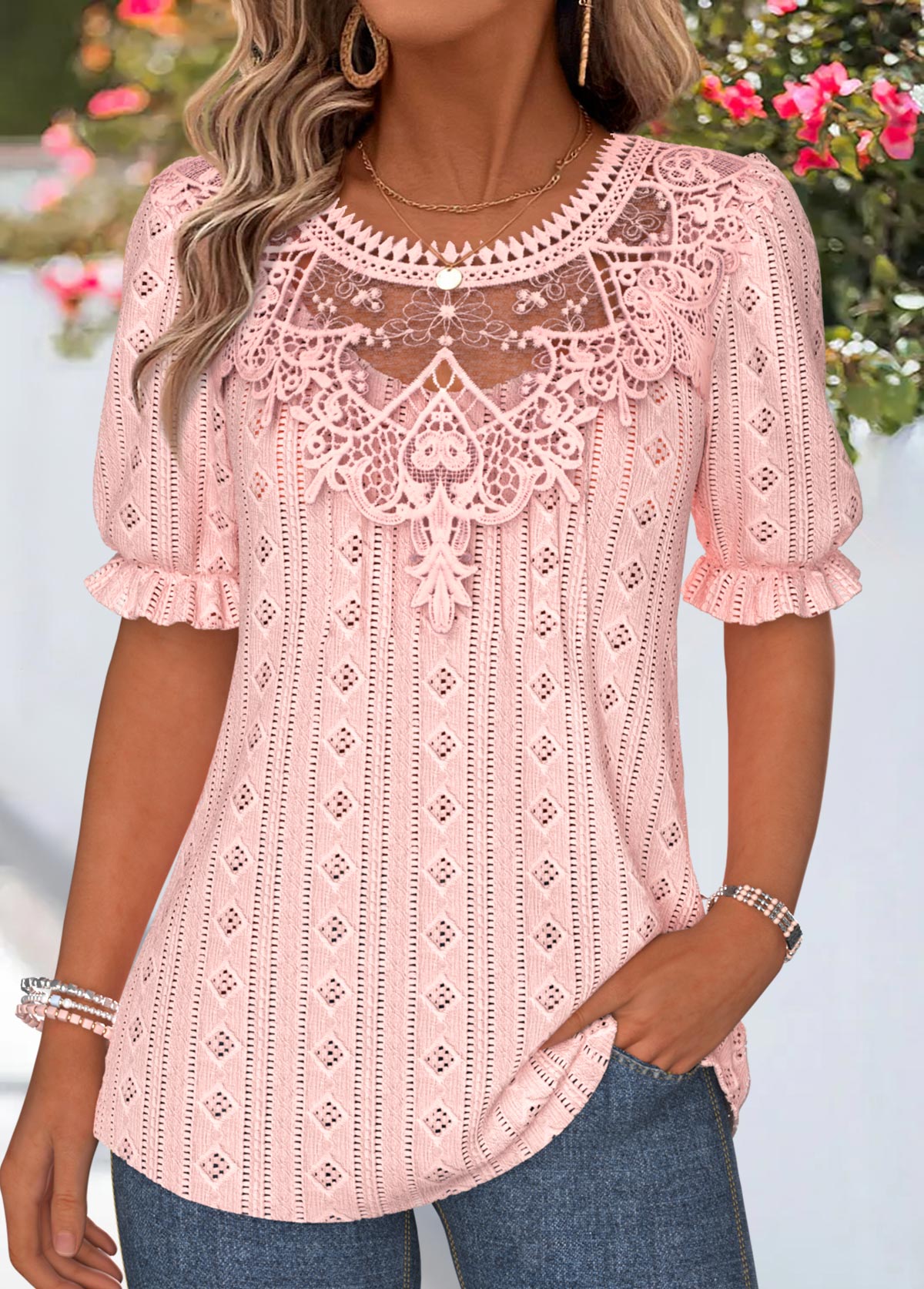 Pink Patchwork Short Sleeve V Neck T Shirt | picture 