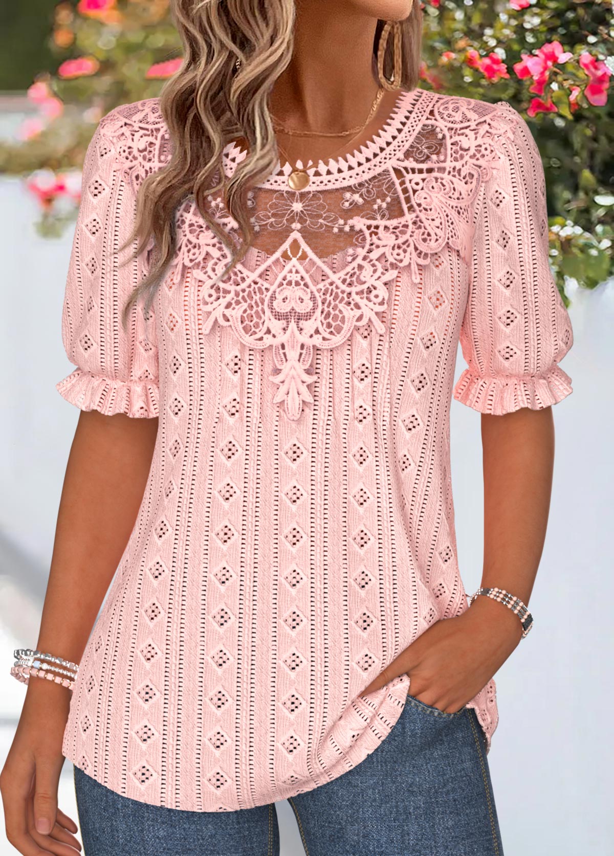 Pink Patchwork Short Sleeve V Neck T Shirt | picture 