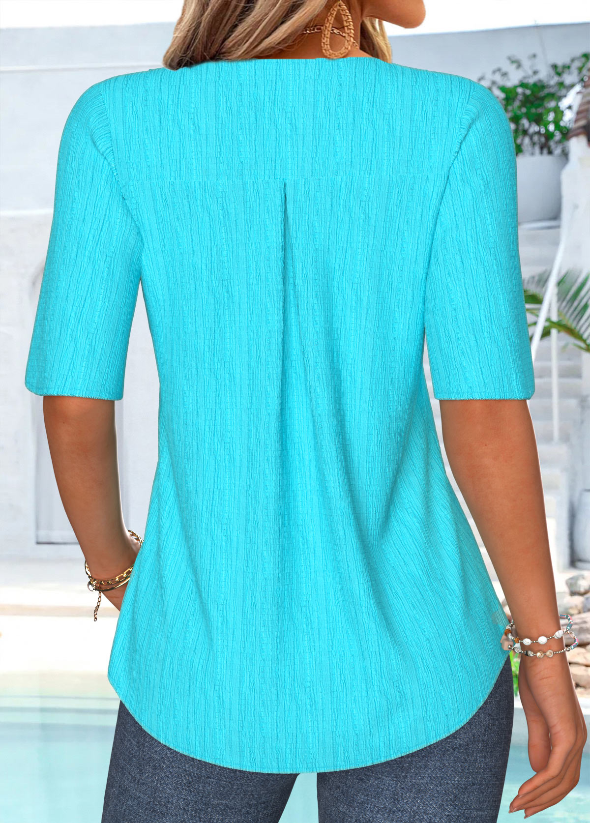Cyan Ruffle Half Sleeve V Neck Blouse | picture 