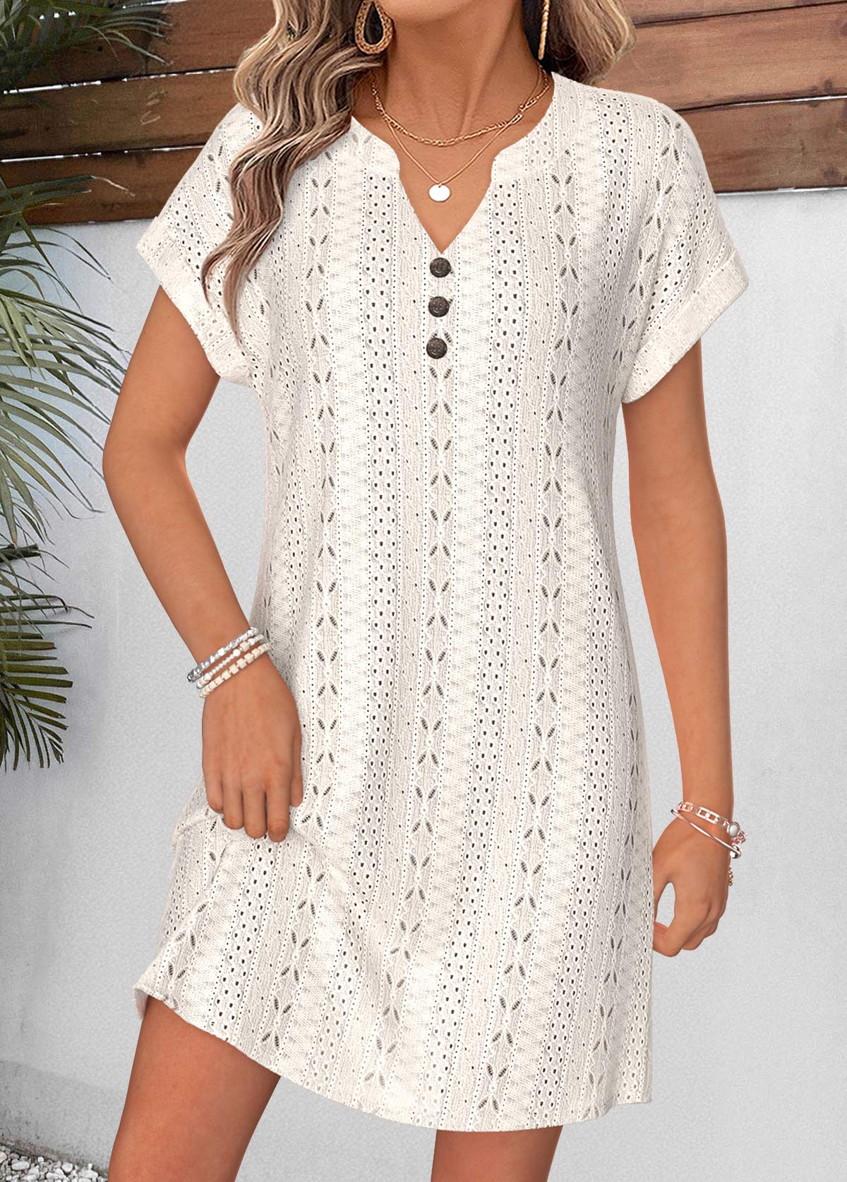 Beige Short Tummy Coverage Split Neck Dress | picture 