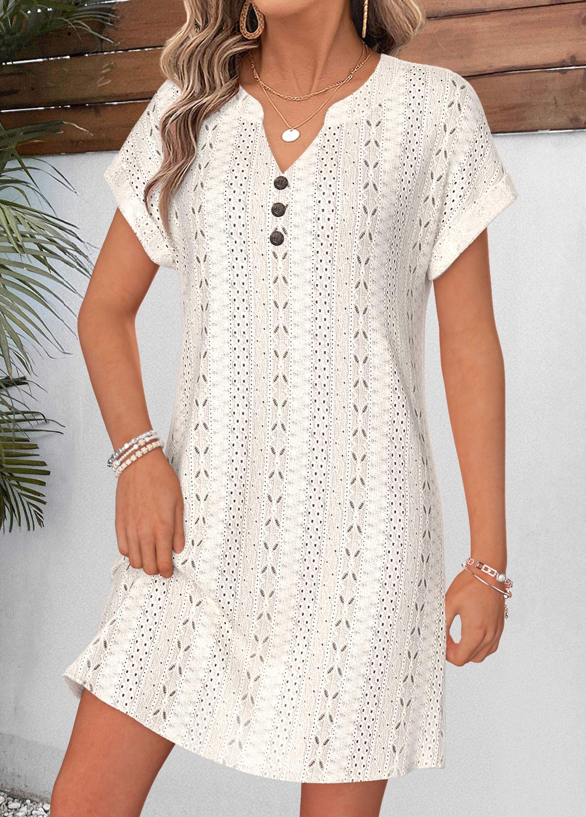 Beige Short Tummy Coverage Split Neck Dress | picture 