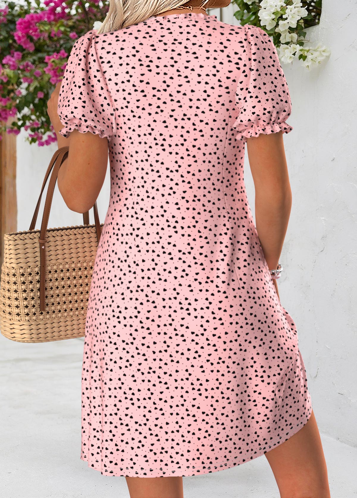 Pink Geometric Print Short Tuck Stitch V Neck Dress | picture 