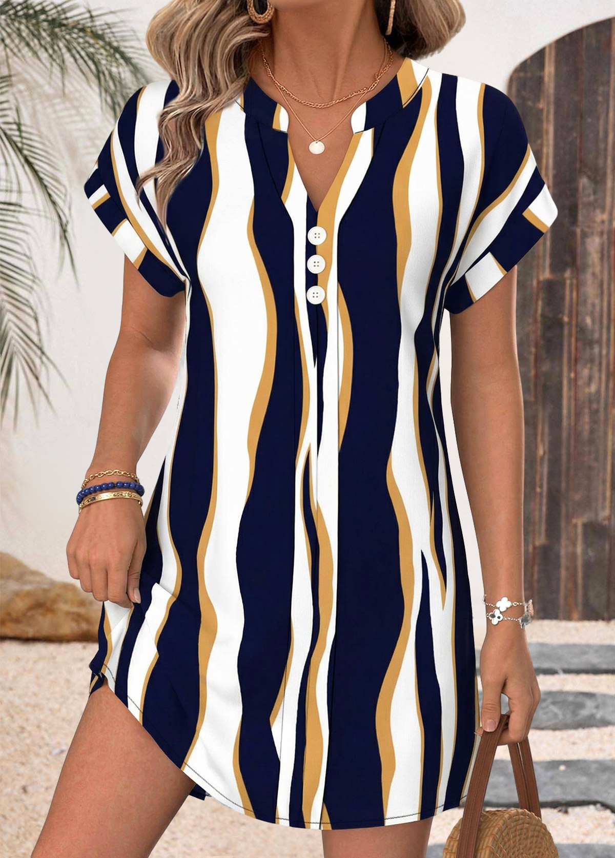 Navy Geometric Print Short Tummy Coverage V Neck Dress | picture 