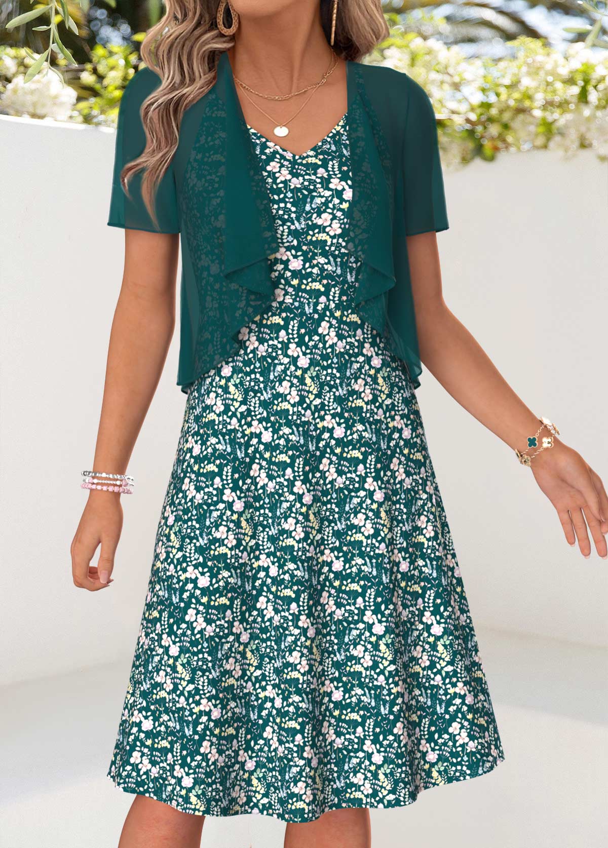 Blackish Green Floral Print Two-piece Dress and Cardigan | picture 