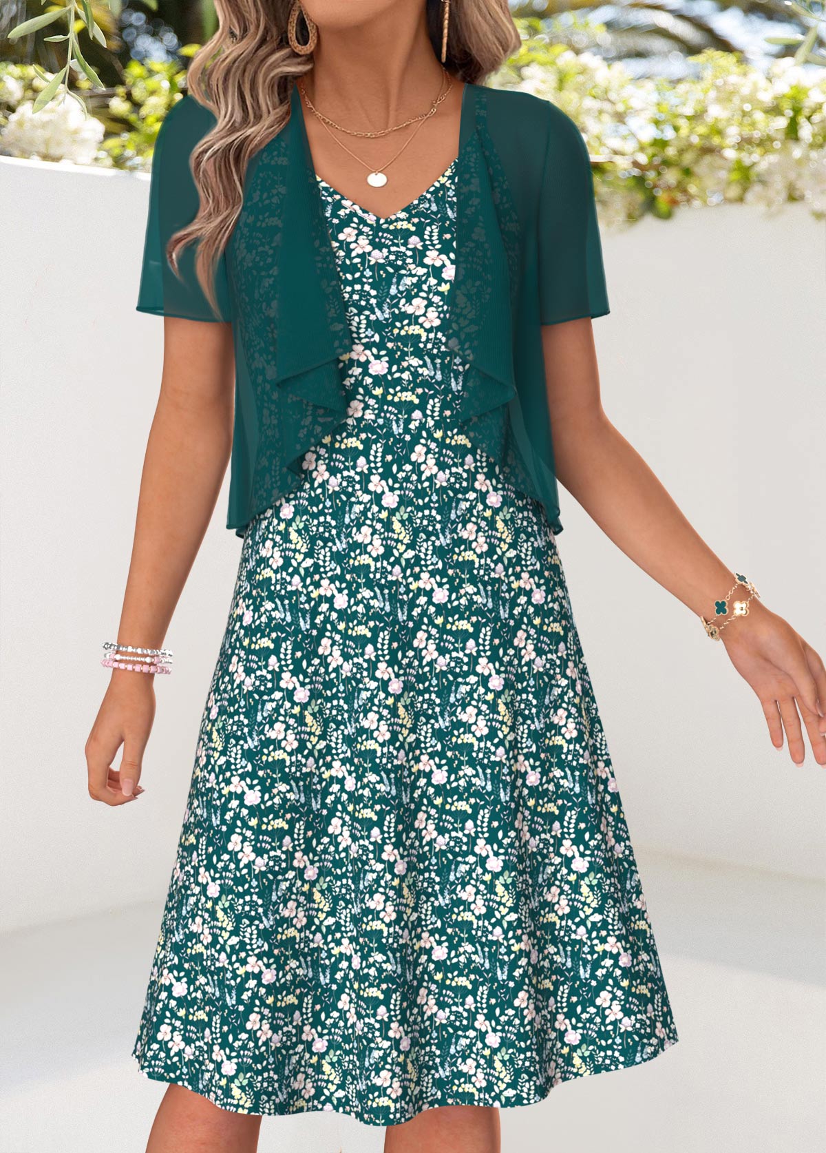 Blackish Green Floral Print Two-piece Dress and Cardigan | picture 