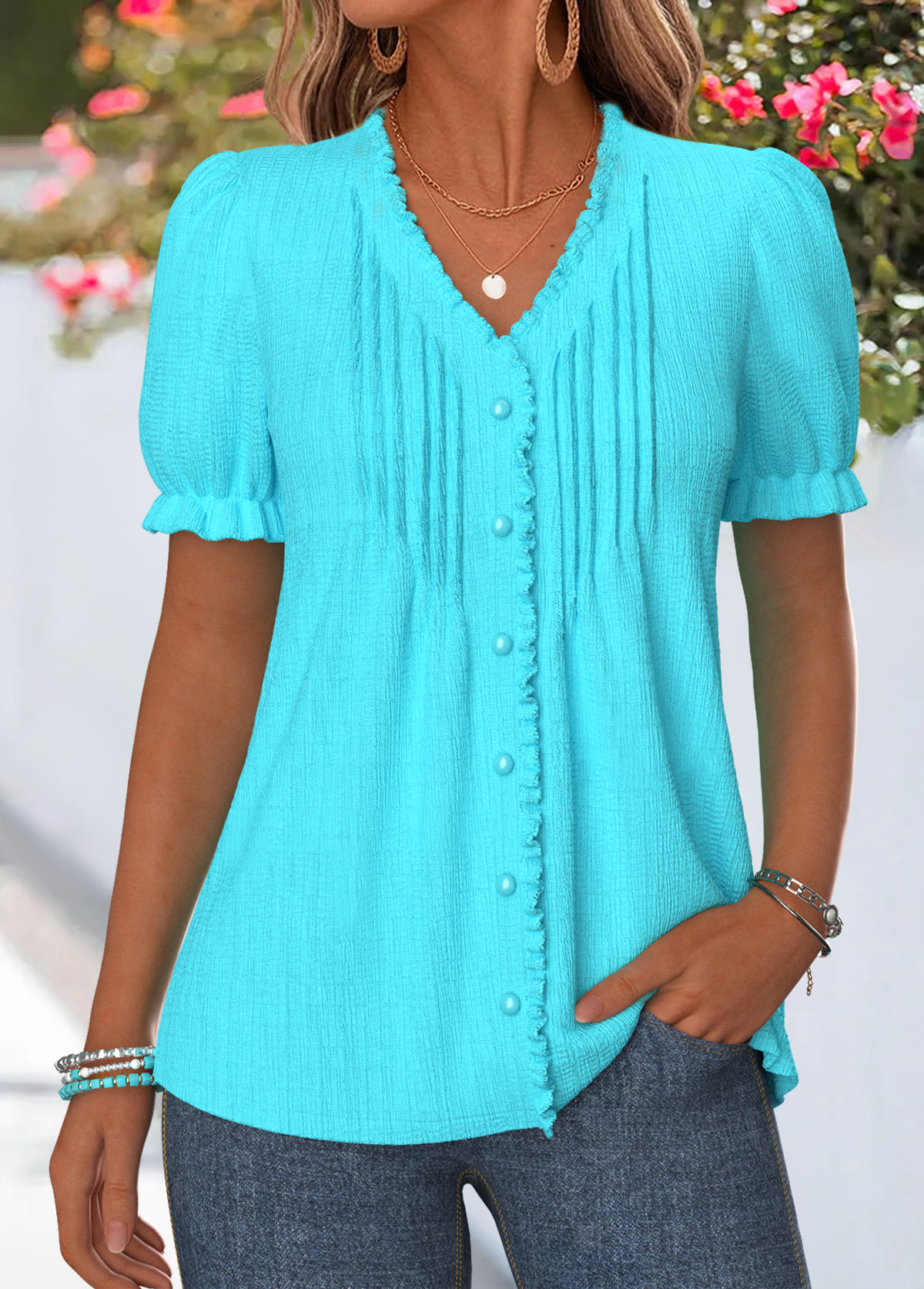 Cyan Frill Short Sleeve V Neck T Shirt | picture 