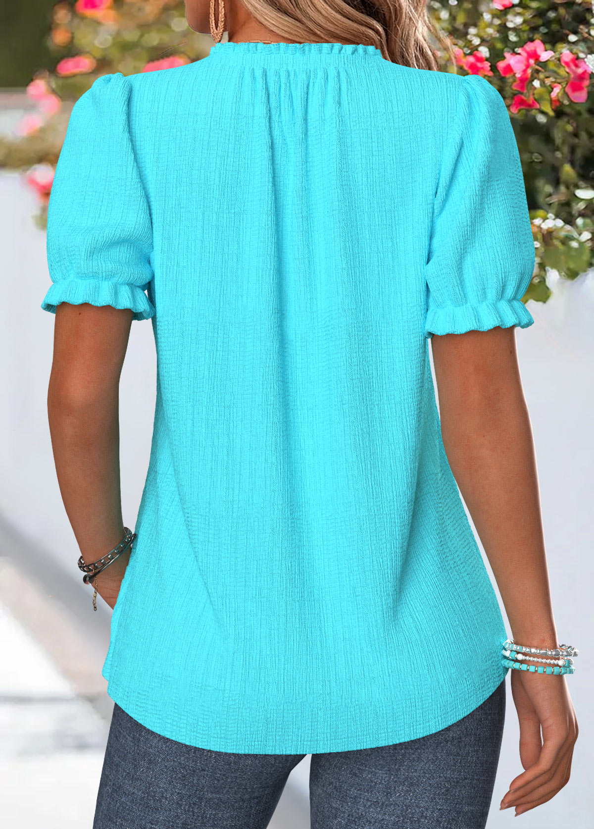 Cyan Frill Short Sleeve V Neck T Shirt | picture 
