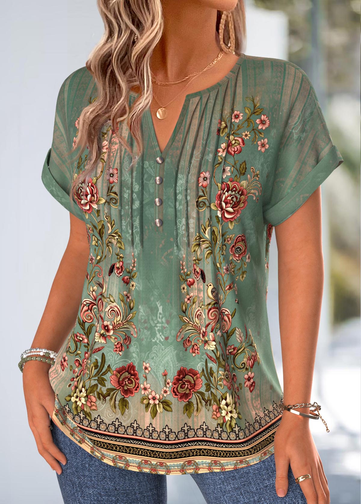 Sage Green Tribal Print Tuck Stitch T Shirt | picture 