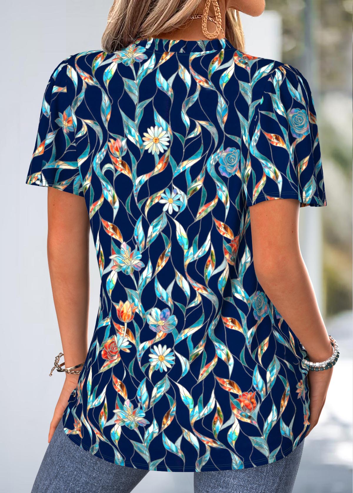Navy Leaf Print Frill Short Sleeve V Neck Blouse | picture 