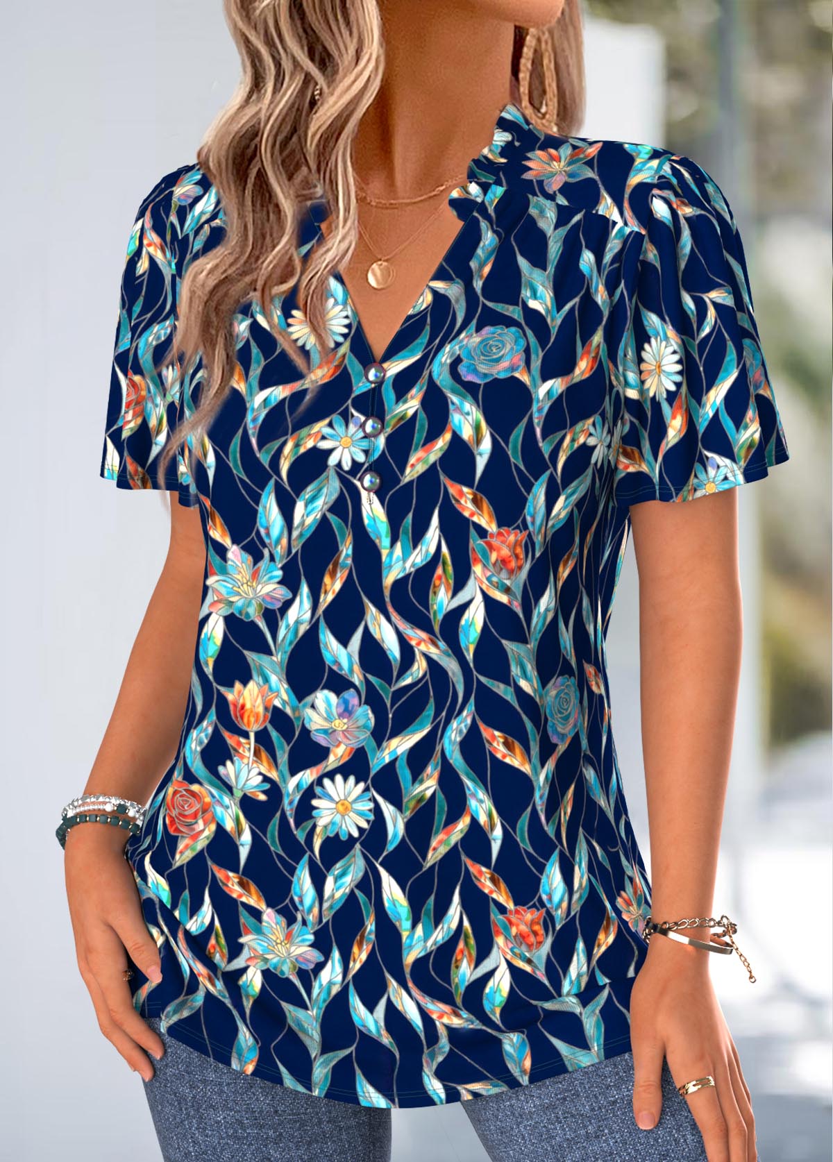 Navy Leaf Print Frill Short Sleeve V Neck Blouse | picture 