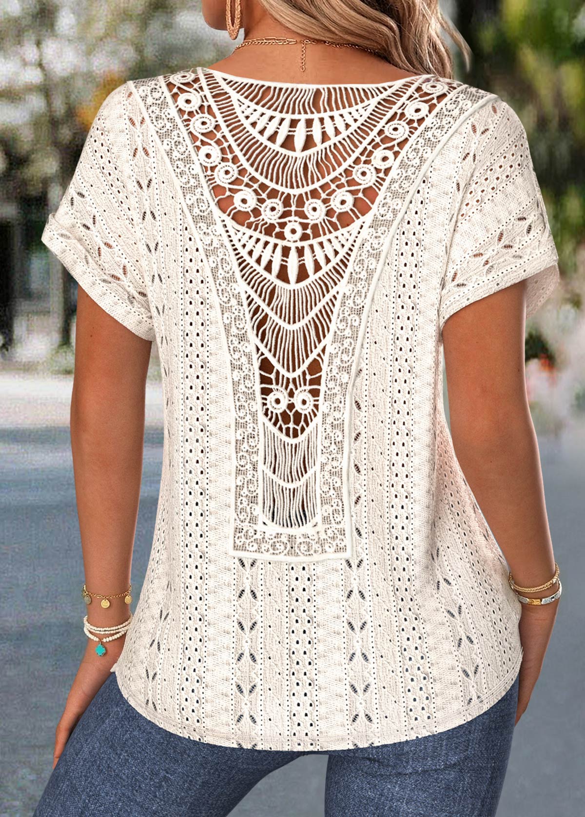 Beige Patchwork Short Sleeve V Neck T Shirt | picture 