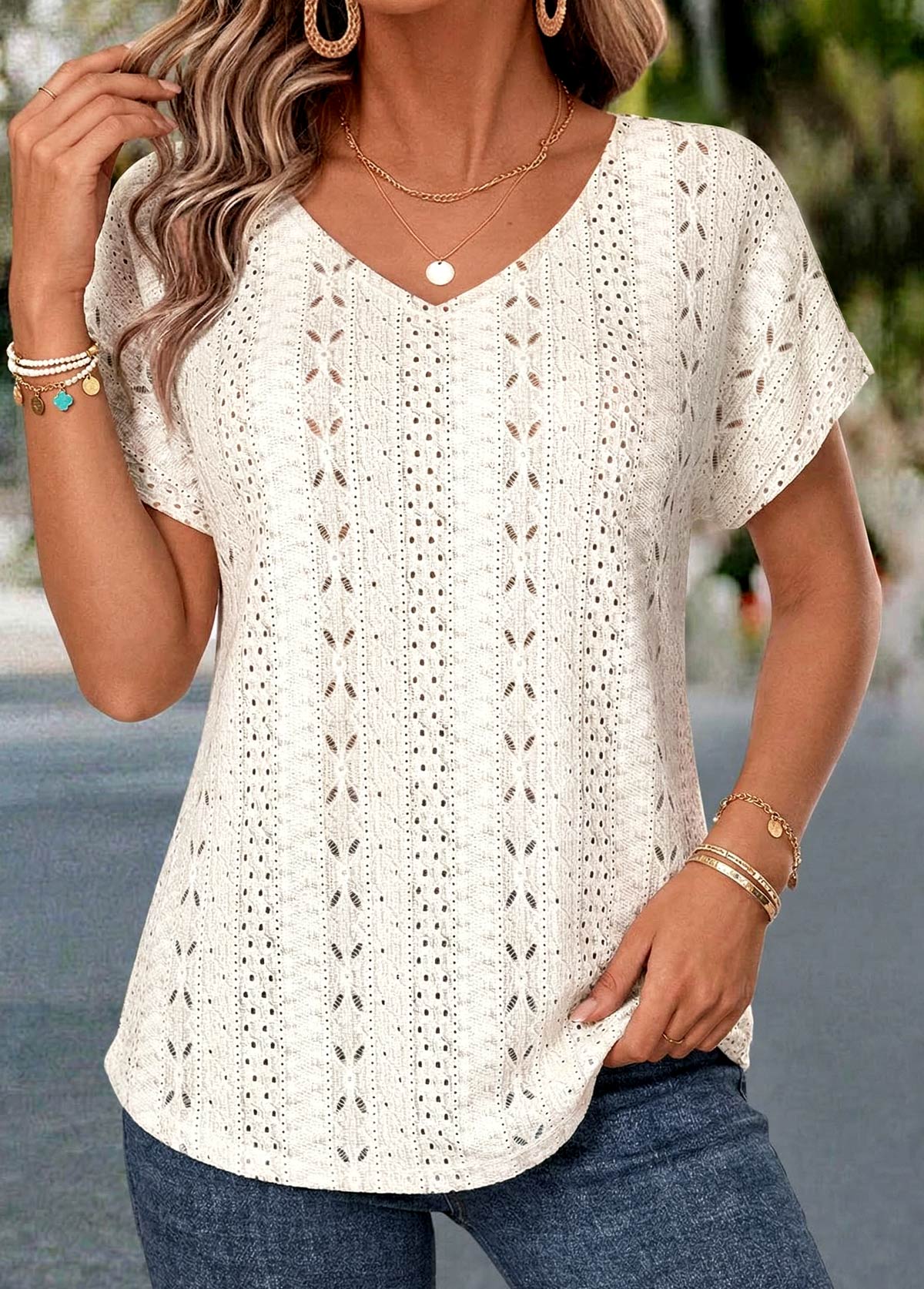 Beige Patchwork Short Sleeve V Neck T Shirt | picture 