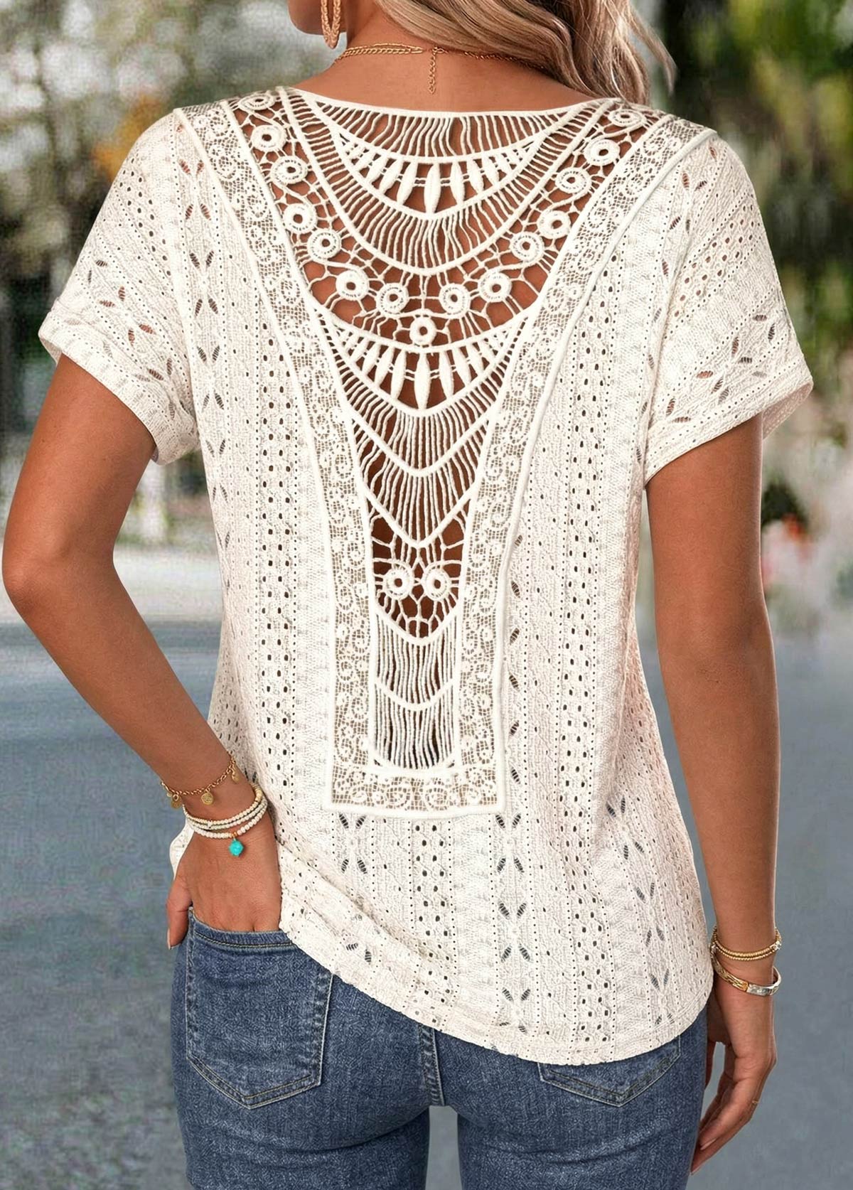 Beige Patchwork Short Sleeve V Neck T Shirt | picture 