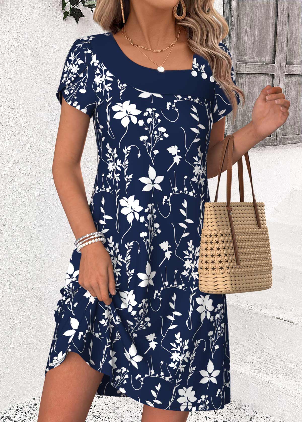 Navy Leaf Print Short Patchwork Asymmetrical Neck Dress | picture 