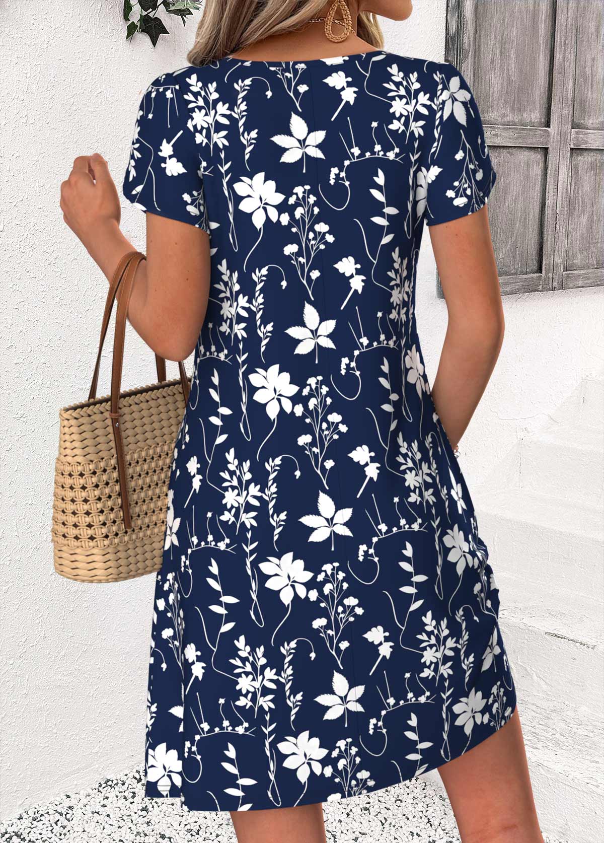 Navy Leaf Print Short Patchwork Asymmetrical Neck Dress | picture 
